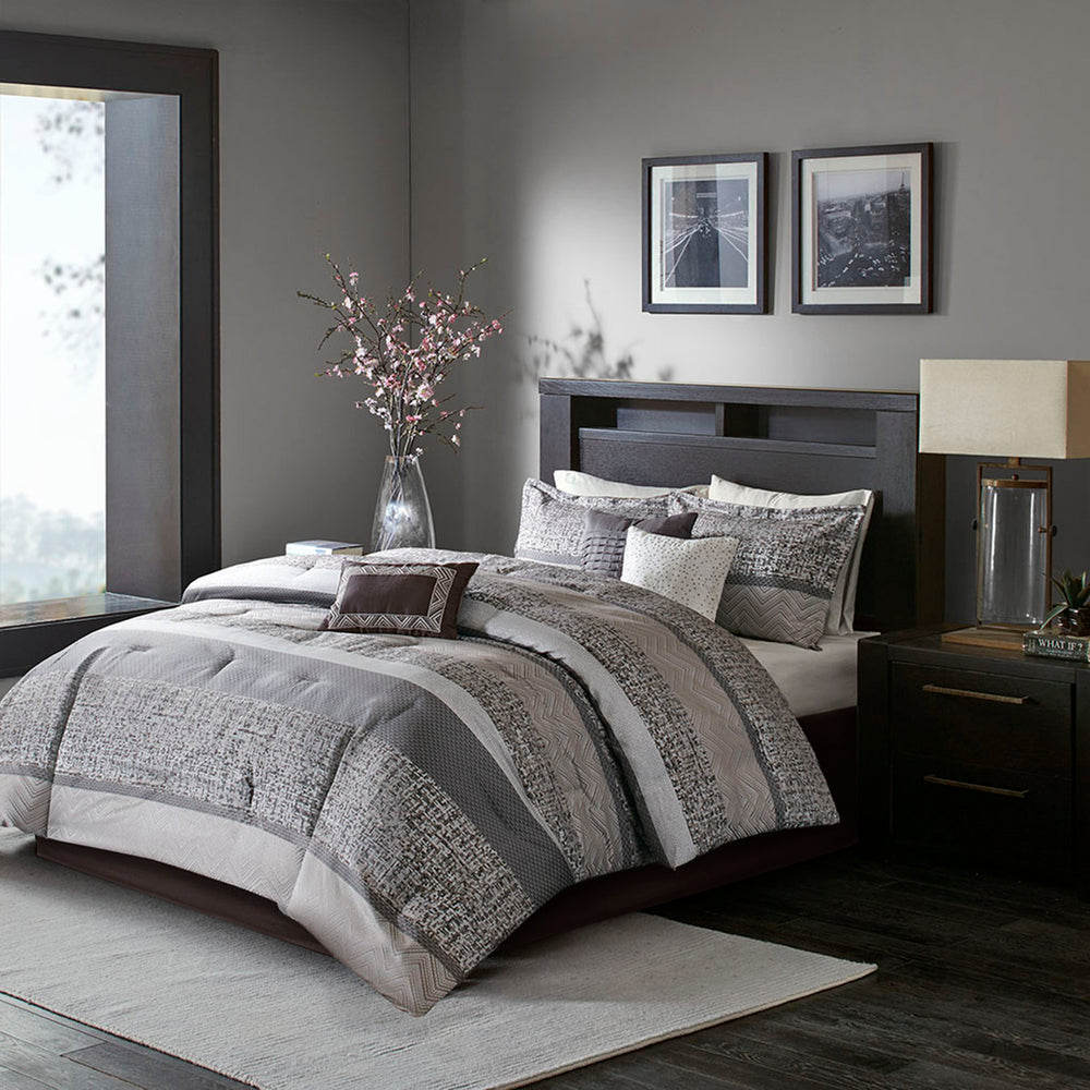 7 Piece Jacquard Comforter Set Grey/Taupe Cal King Media 1