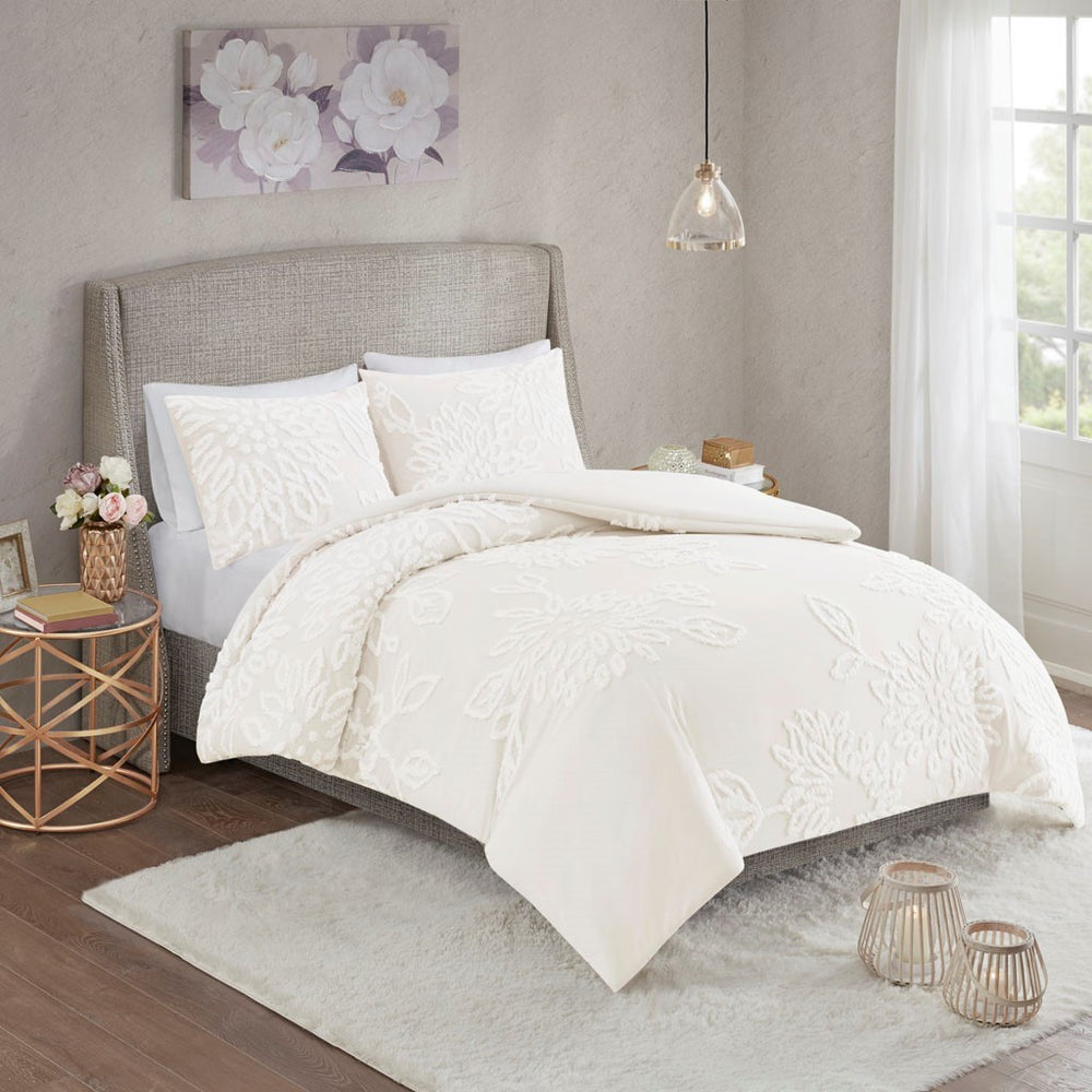 King/Cal King 3 Piece Tufted Cotton Chenille Floral Duvet Cover Set Media 1
