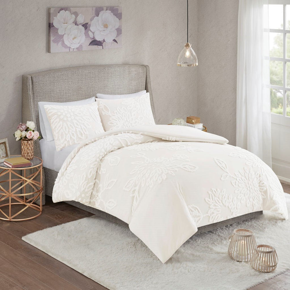 King/Cal King 3 Piece Tufted Cotton Chenille Floral Duvet Cover Set Media 1