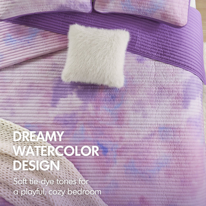 3 Pieces Twin/Twin XL Watercolor Tie Dye Printed Quilt Set with Throw Pillow,Purple