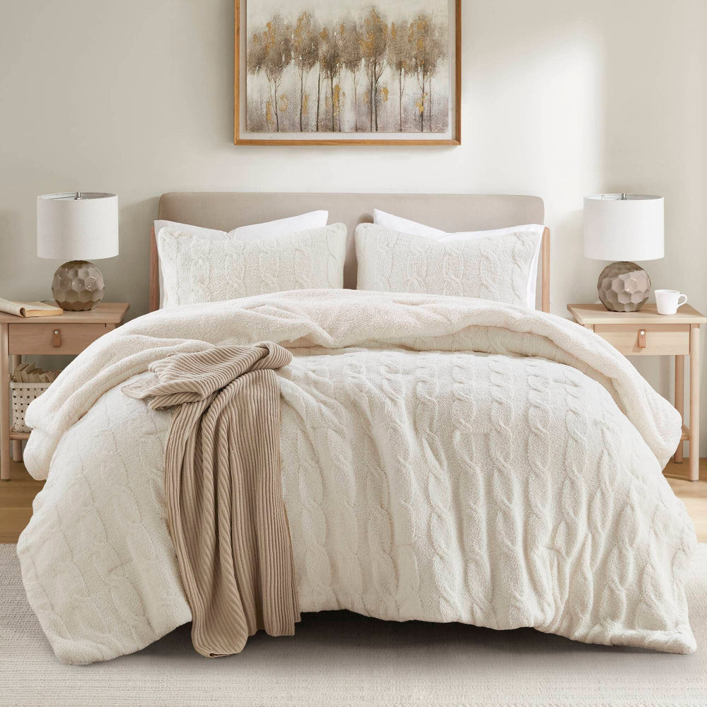 3 Pieces King/Cal King Cable Knit Chenille Comforter Set,Ivory Media 19