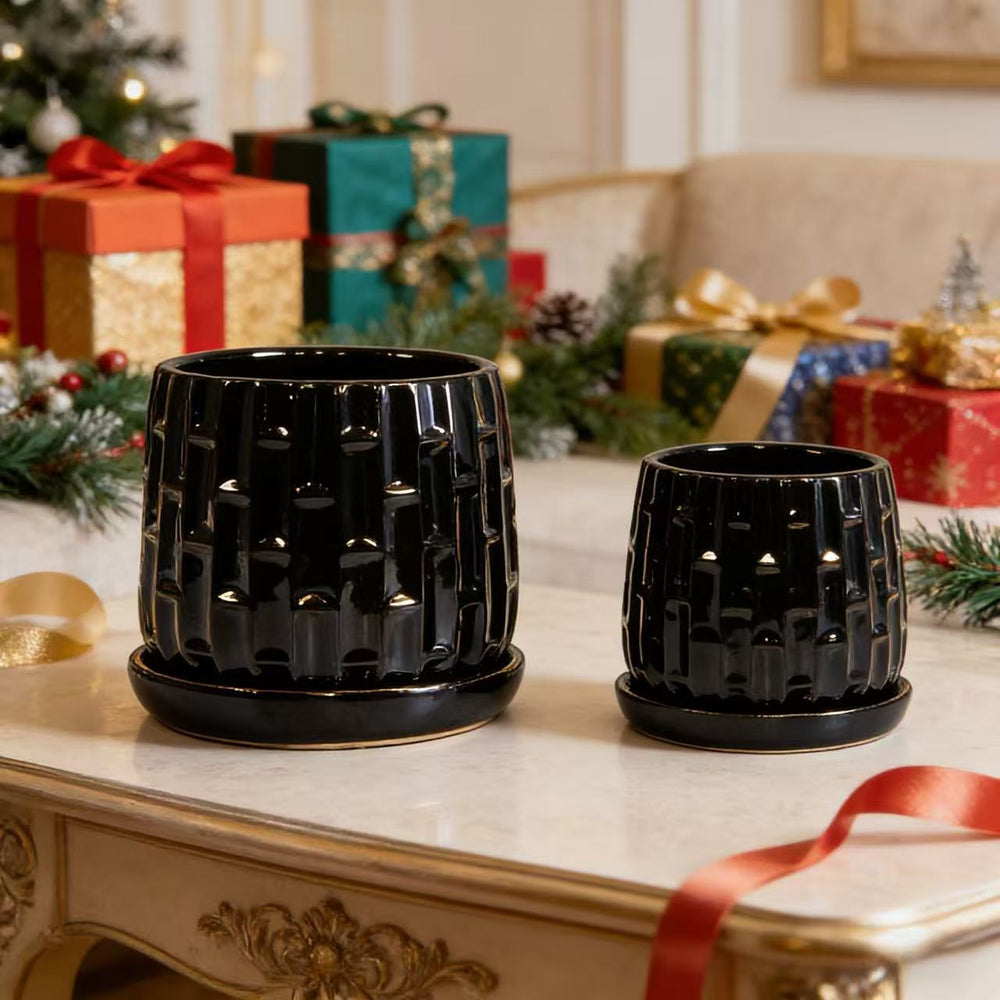 Handmade Ceramic Flower Pot with Groove Pattern, 6 & 8 Inch Diameter, Black Color for Orchids, Indoor/Outdoor Use on Windowsill & Bookshelf, Breathable Clay with Saucer Media 1