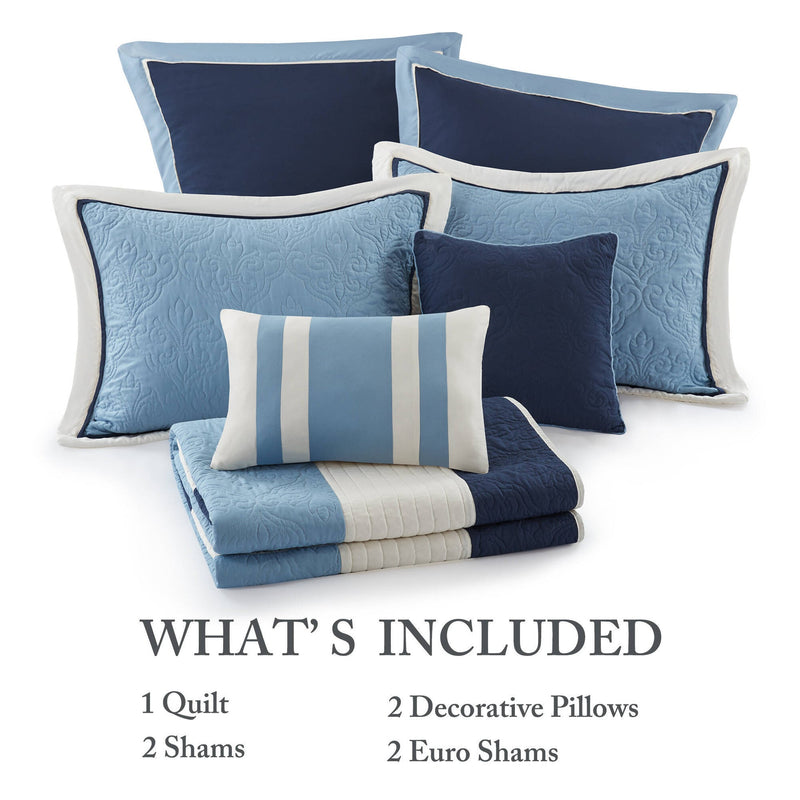 7-Piece King/Cal King 7 Piece Quilt Set with Euro Shams and Throw Pillows,Navy