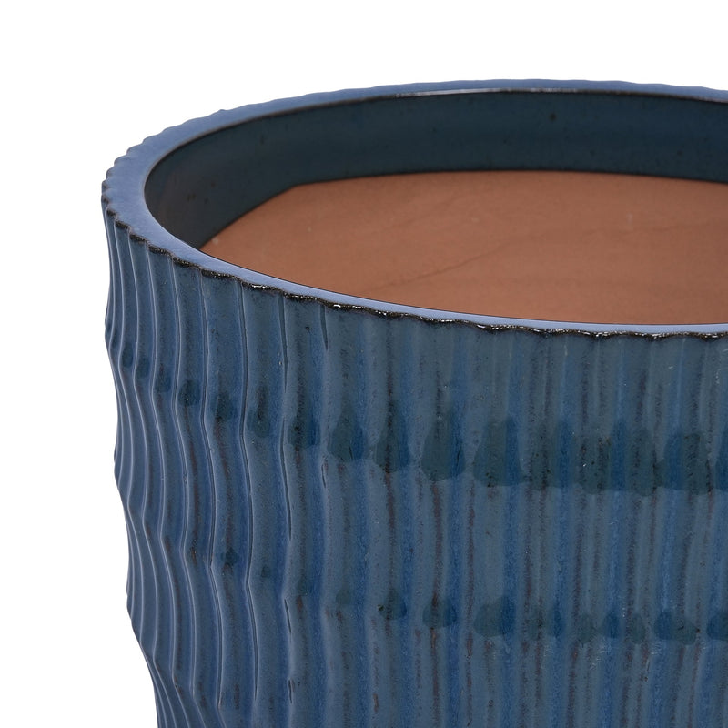 Handmade Denim Blue Glaze Ceramic Planter Set of 4, 7/9/12/14 Inch, Horizontal Grooves, Indoor & Outdoor Herb Succulent Pots, Breathable Clay with Drainage Holes