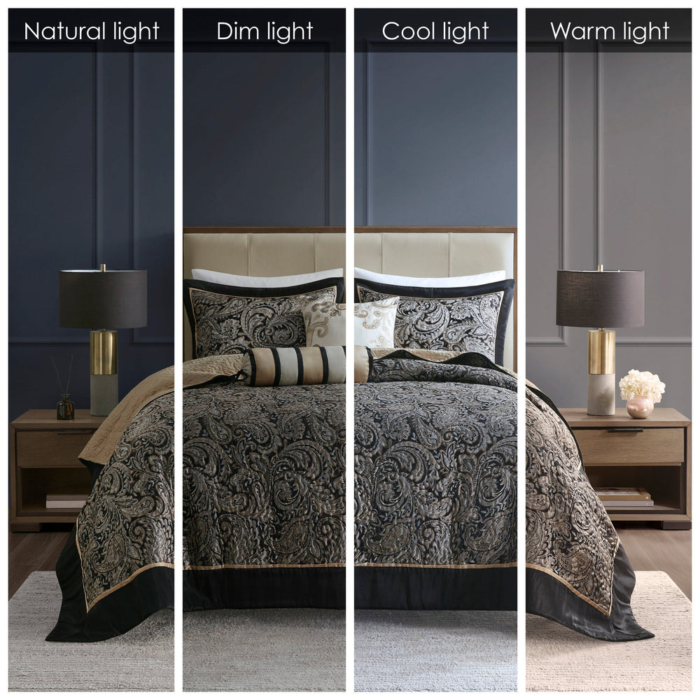 5 Piece Jacquard Bedspread Set with Throw Pillows Black King Media 14