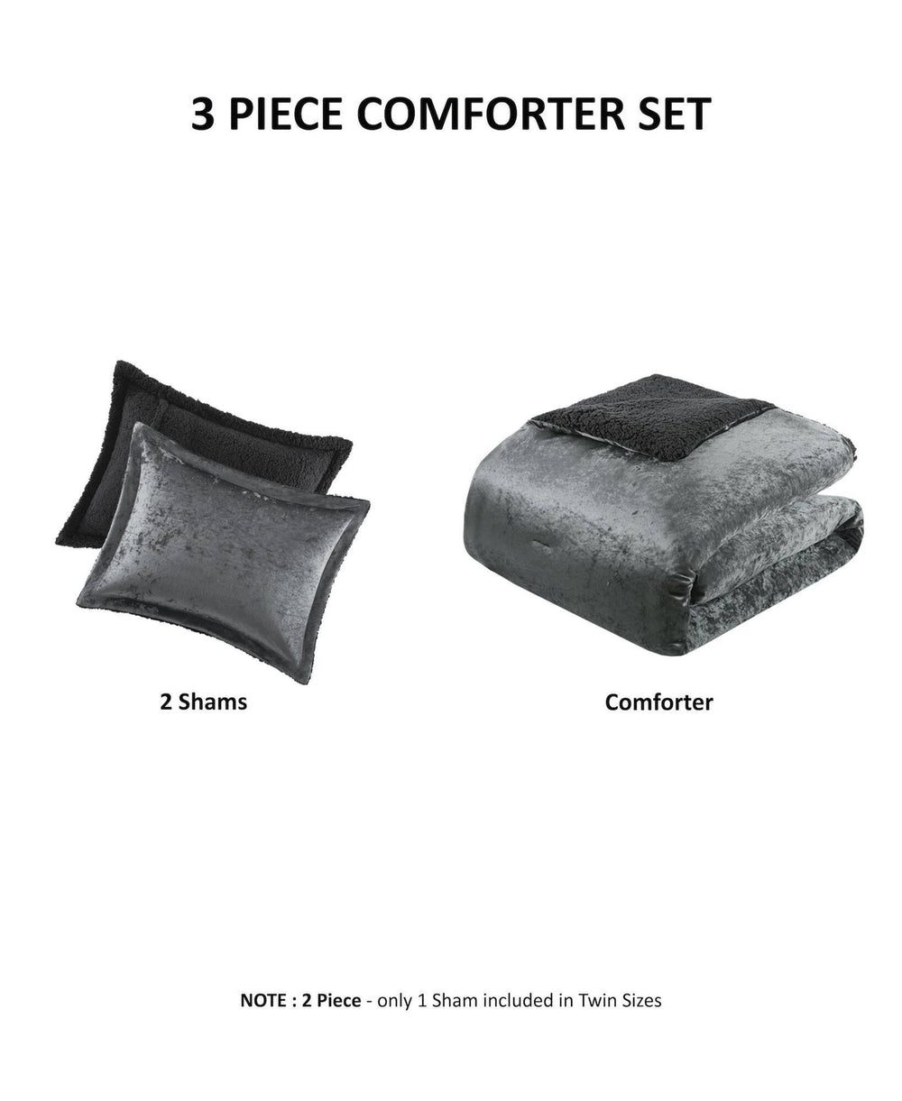 3 PCS Full/Queen Crushed Velvet   Reversible Comforter Set Charcoal Media 4