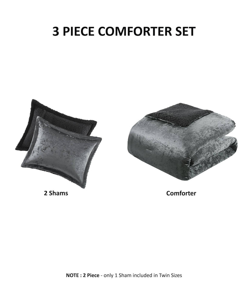 3 PCS Full/Queen Crushed Velvet   Reversible Comforter Set Charcoal