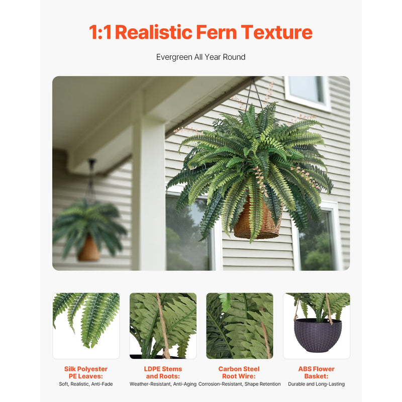 Artificial Ferns, Natural Spread Diameter 37-41 Inch, Large Hanging Fake Boston Ferns, Sunlight Resistant Fake Plant Wall Decor with 80 Branches and Flowerpot, Faux Fern for Home Office Outdoor