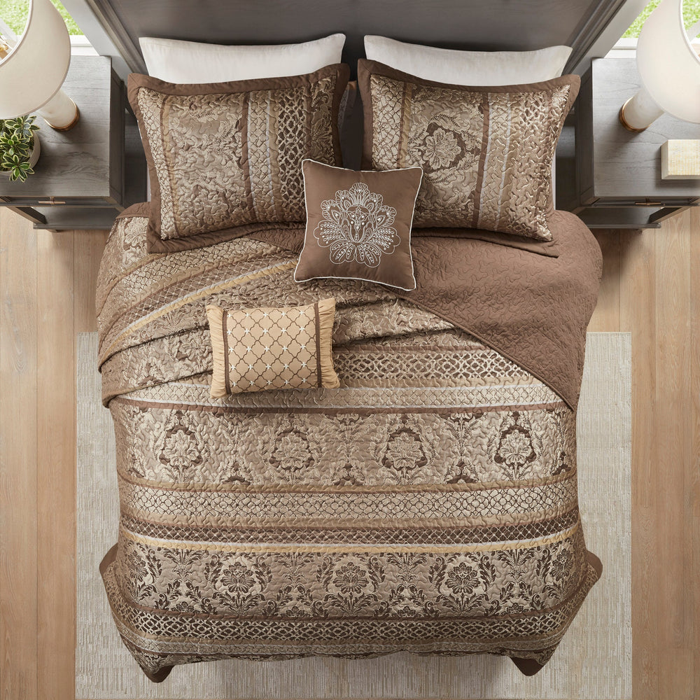 5 Piece Reversible Jacquard Bedspread Set Brown/Gold Queen Media 13
