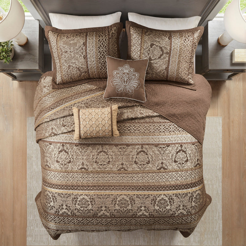 5 Piece Reversible Jacquard Bedspread Set Brown/Gold Queen