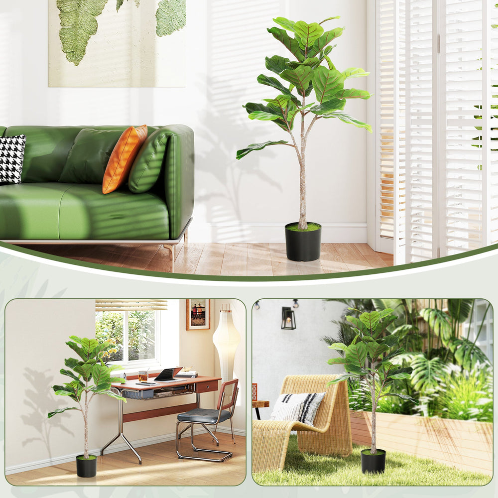HOMCOM Fake Plant, Artificial Fiddle Leaf Fig Tree, Potted Plant with 28 PEVA Leaves and Flocked Soil, Green Media 5