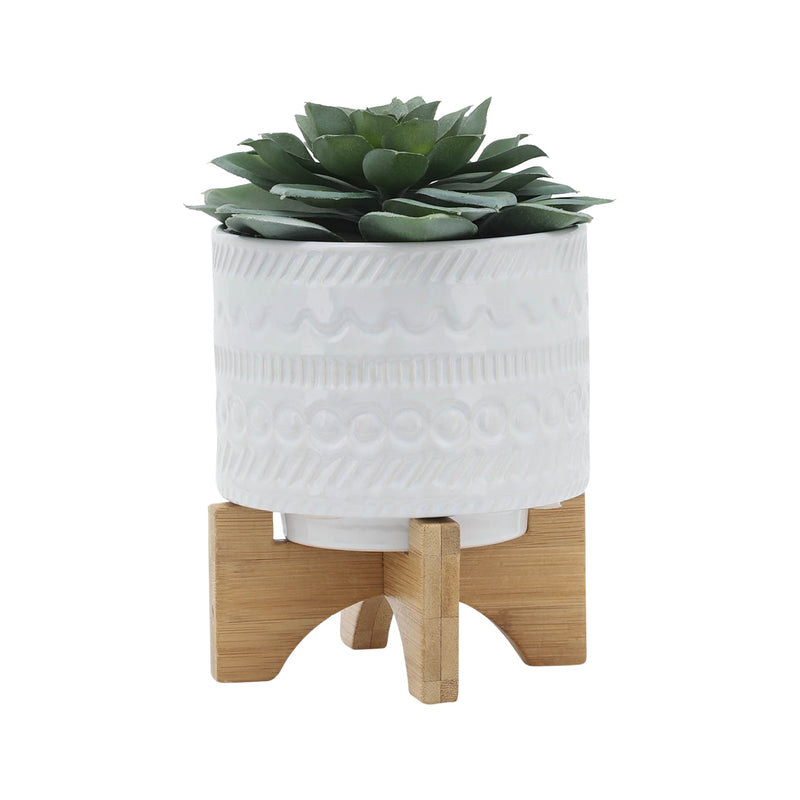 5' TRIBAL PLANTER W/ WOOD STAND, WHITE