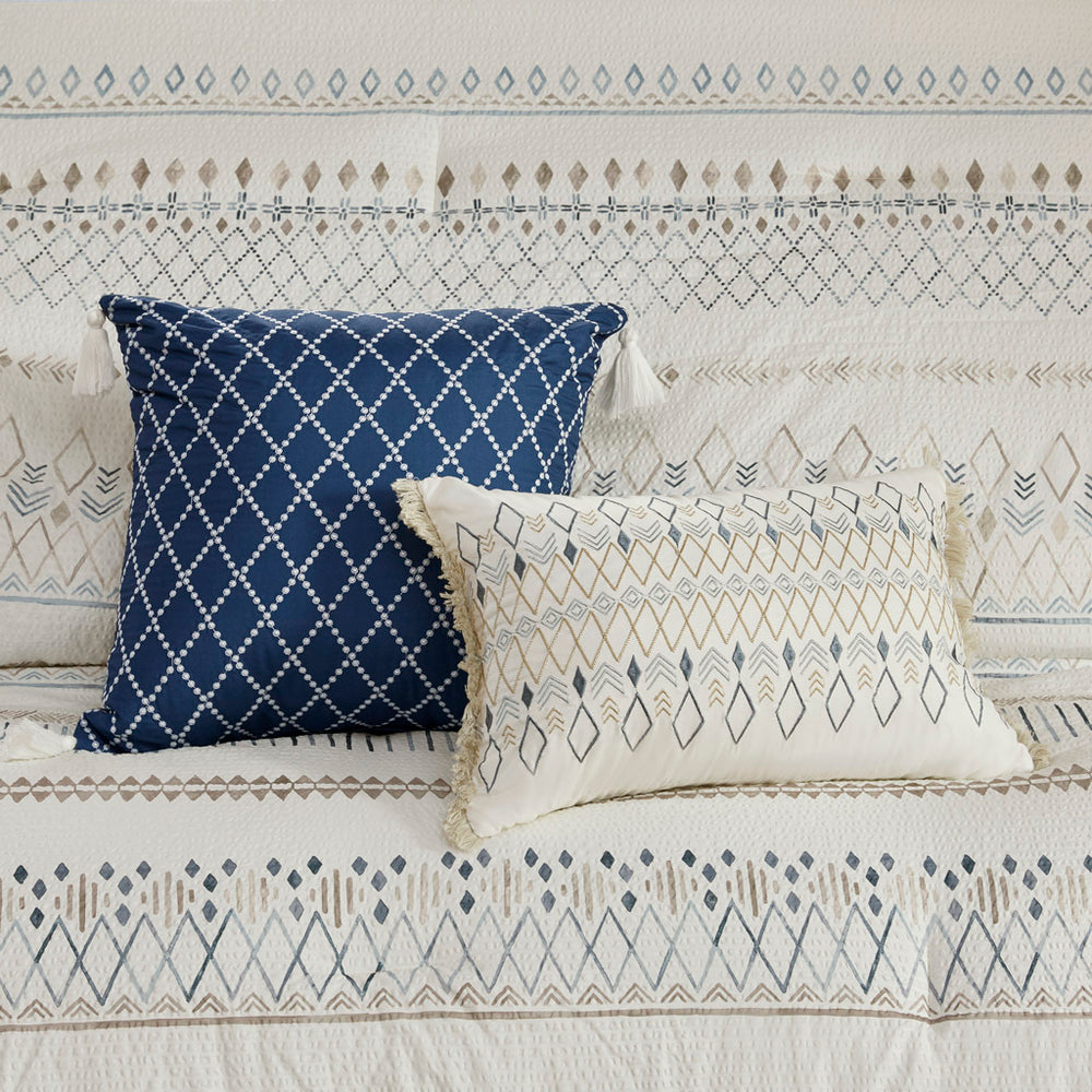 5 Piece Printed Seersucker Comforter Set with Throw Pillows Taupe/Blue Full/Queen Media 10