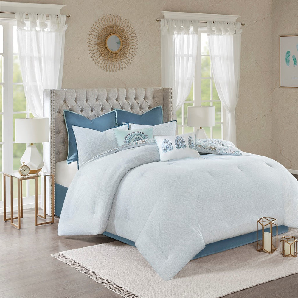 8 Piece Cotton Floral Printed Reversible Comforter Set Blue Queen Media 1