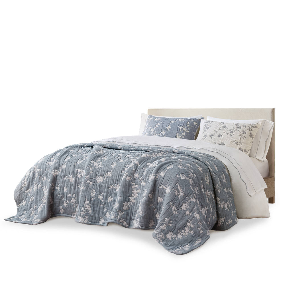 3 Pieces Full/Queen Jacquard Cotton Gauze Quilt Set,Blue Media 11