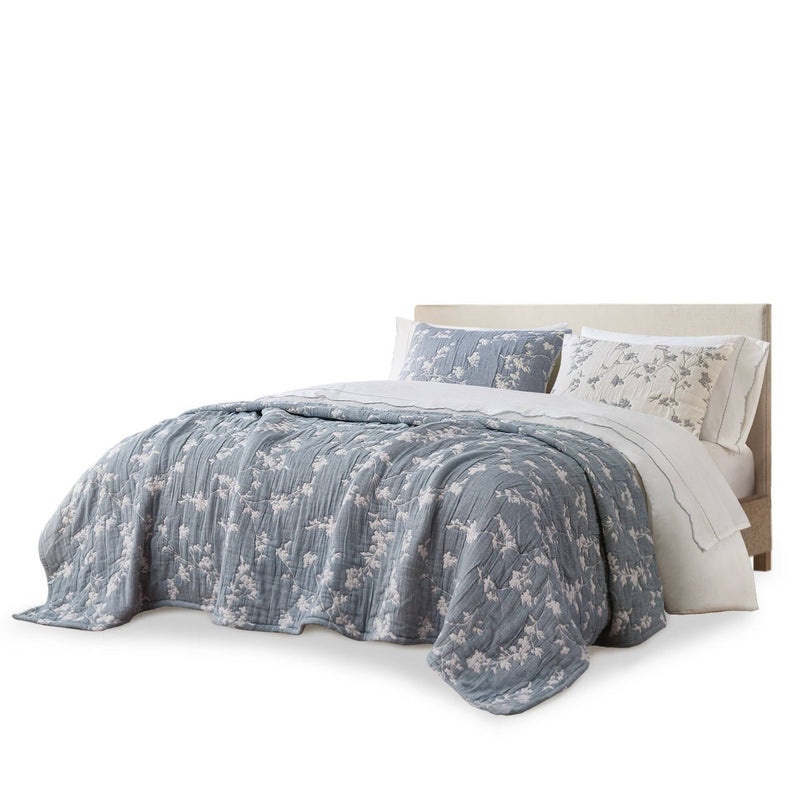 3 Pieces King Jacquard Cotton Gauze Quilt Set,Blue