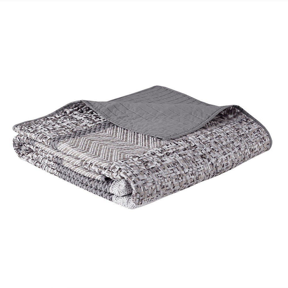 6 Piece Reversible Jacquard Quilt Set with Throw Pillows Grey/Taupe Full/Queen Media 8