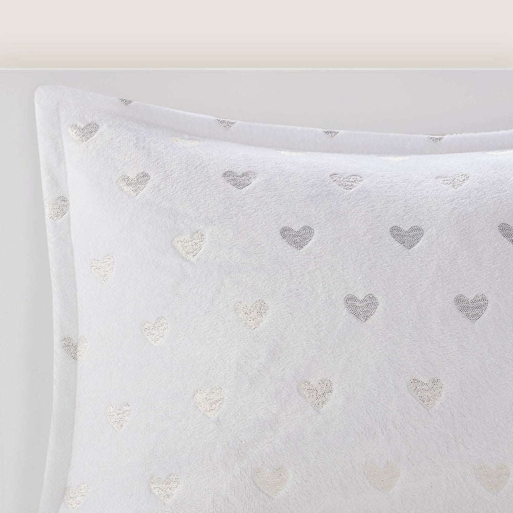 Plush Comforter Set White & Gold Heart Print 4 Piece Full Queen Bedding Includes Shams & Throw Pillow Media 9