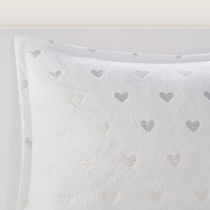 Plush Comforter Set White & Gold Heart Print 4 Piece Full Queen Bedding Includes Shams & Throw Pillow
