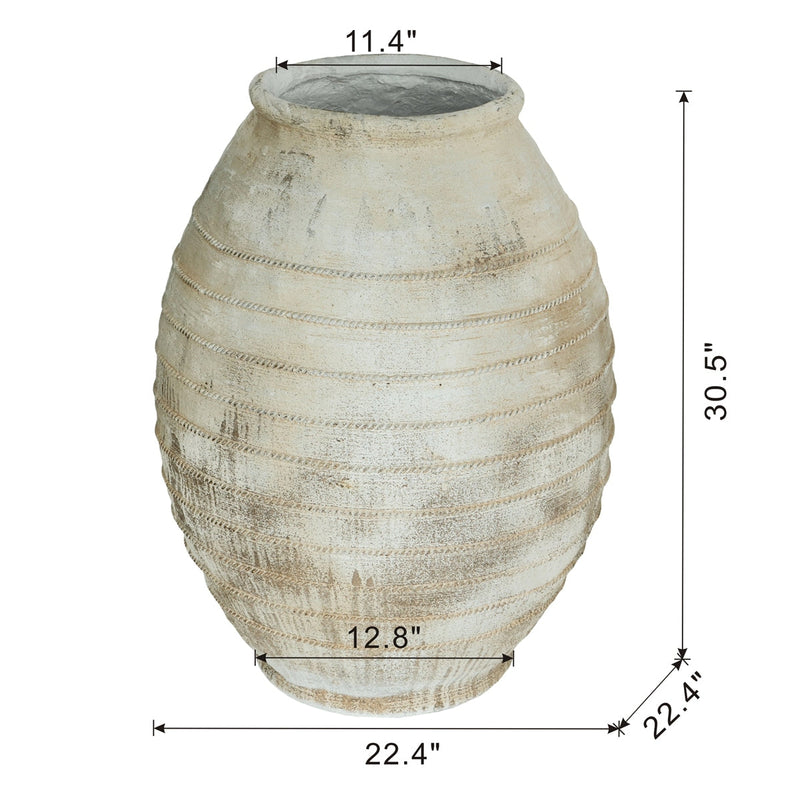 22.4x22.4x30.5' Large Magnesium Flower Pot with Weathered White Finish and Ridged Texture