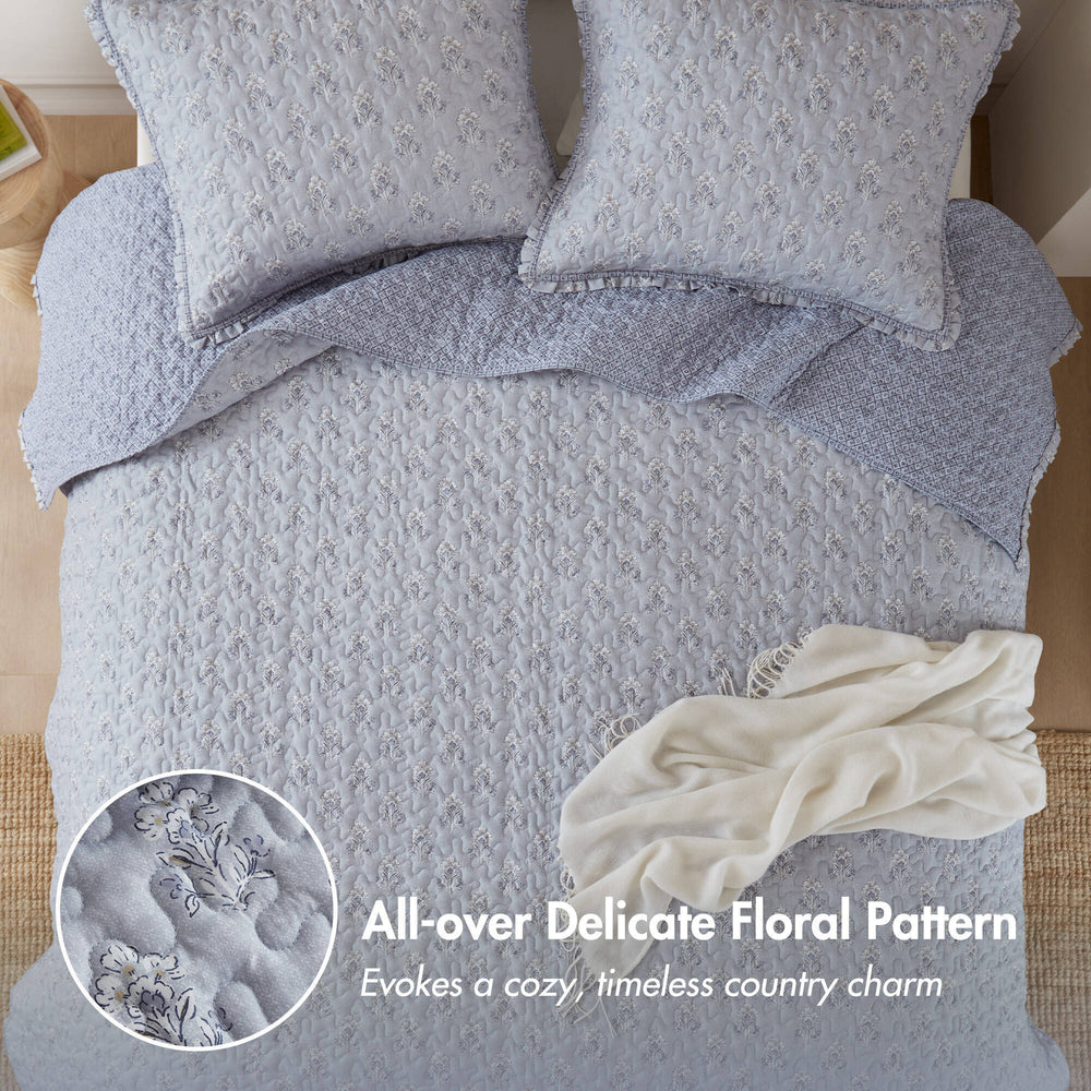 3-Piece Queen 3 Piece Ruffle Printed Quilt Set,Blue Media 5
