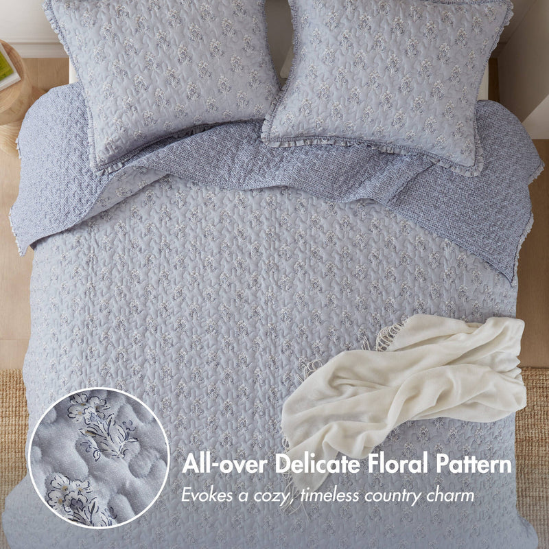 3-Piece Queen 3 Piece Ruffle Printed Quilt Set,Blue