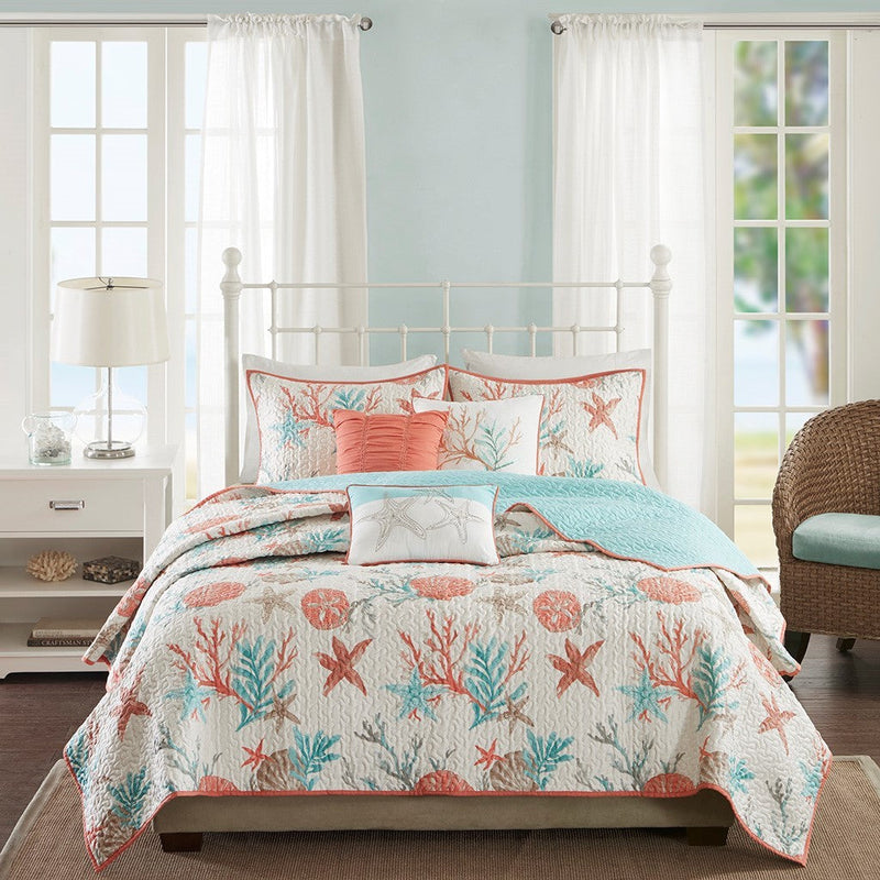 6 Piece Cotton Sateen Quilt Set with Throw Pillows Coral King/Cal King