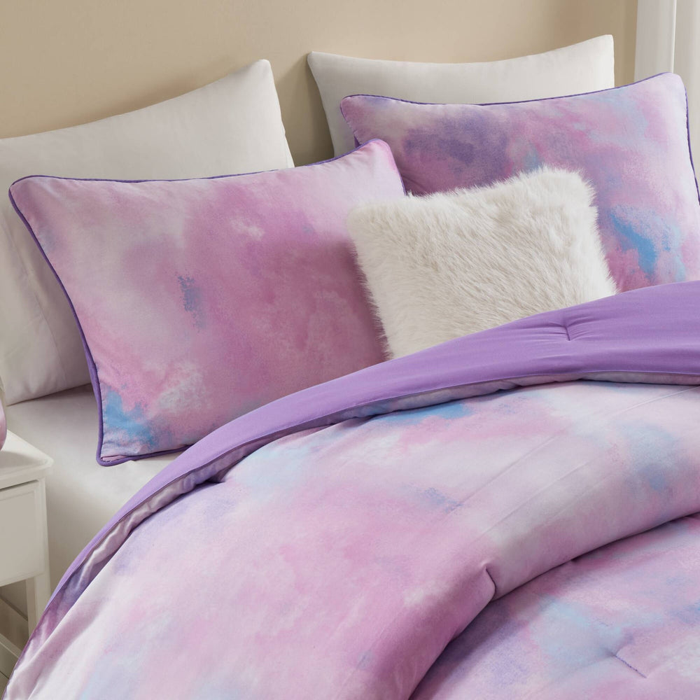 4 Pieces King/Cal King Watercolor Tie Dye Printed Comforter Set with Throw Pillow,Purple Media 13