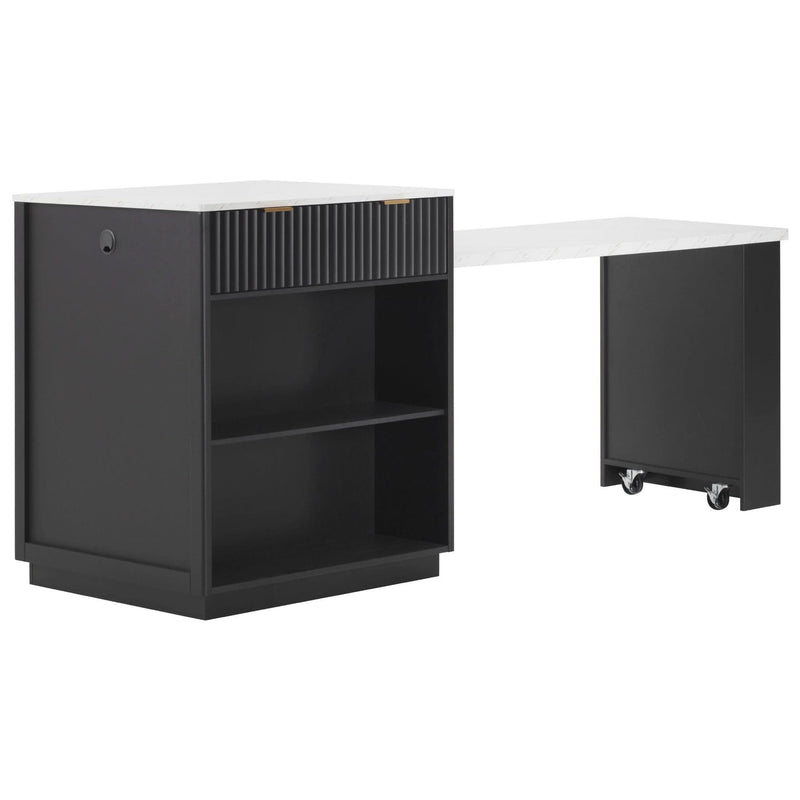 Kitchen Island Modern With Extendable Dining Table & Power Outlet For 4-6 People Black