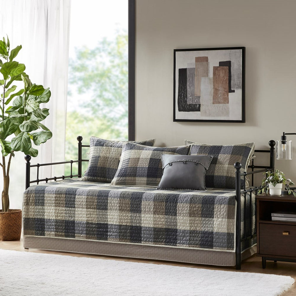 6 Piece Reversible Plaid Daybed Cover Set Neutral Daybed Media 1