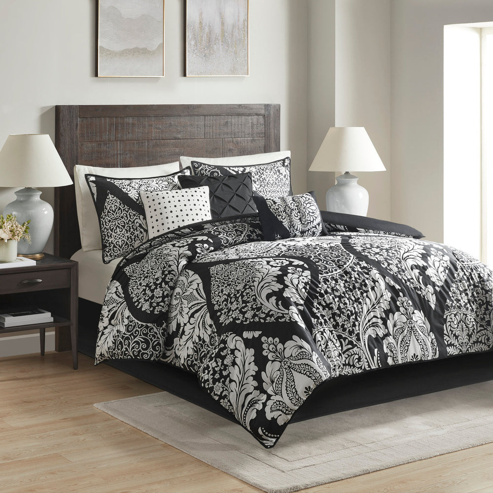 7 Piece Cotton Printed Comforter Set Black King Media 1