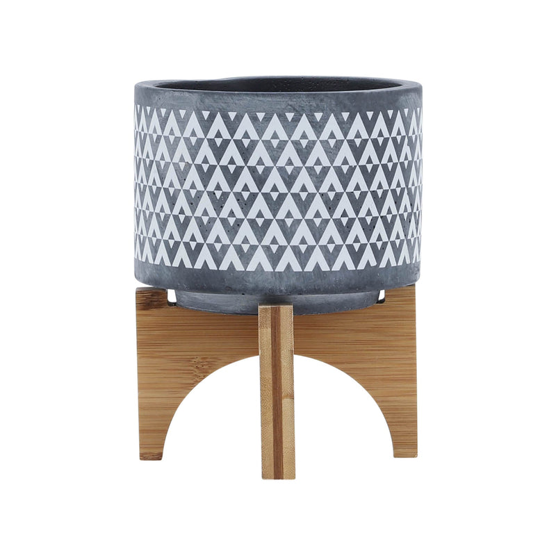 CERAMIC 5' AZTEC PLANTER ON WOODEN STAND, GRAY