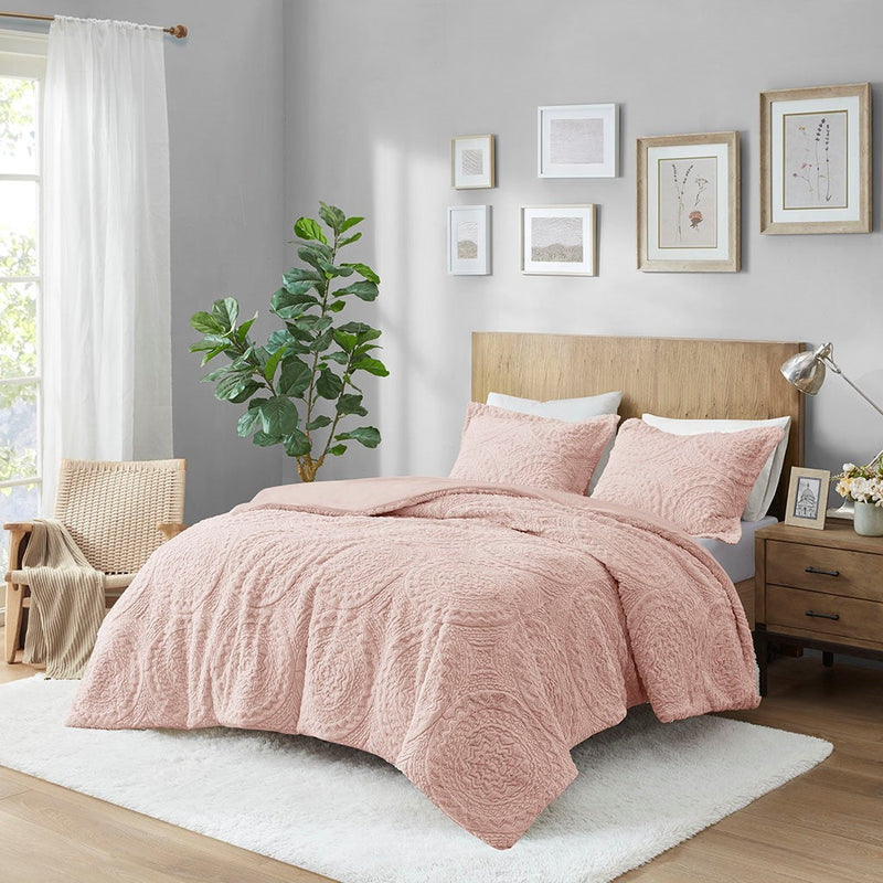 Full/Queen Embroidered Medallion Faux Fur Ultra Plush Comforter Mini Set