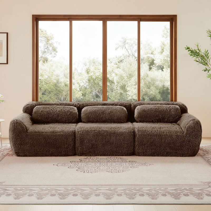 Plush Fabric Sectional Sofa Chocolate Modular With Ottoman & Pillows