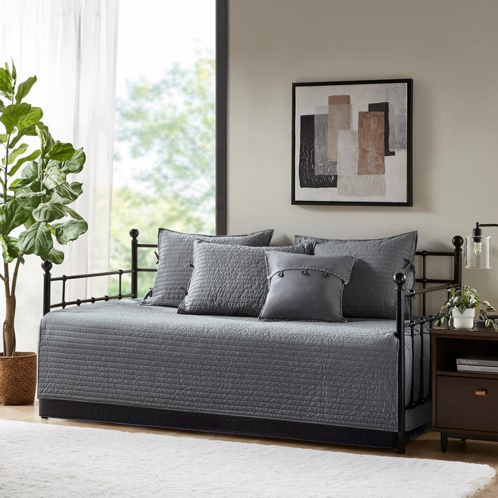 6 Piece Reversible Plaid Daybed Cover Set Grey Daybed Media 5