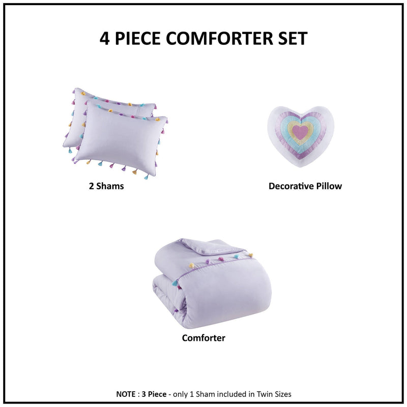 Tassel Comforter Set with Heart Shaped Throw Pillow Full/Queen