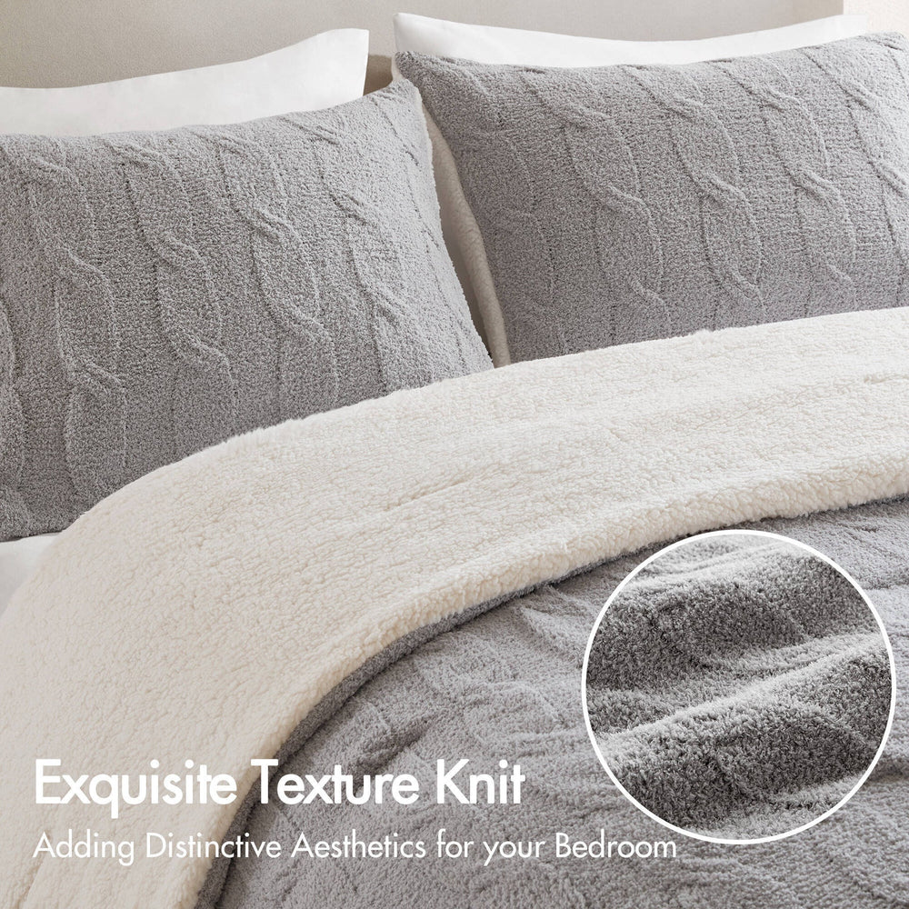 3 Pieces Full/Queen Cable Knit Chenille Comforter Set,Gray Media 2