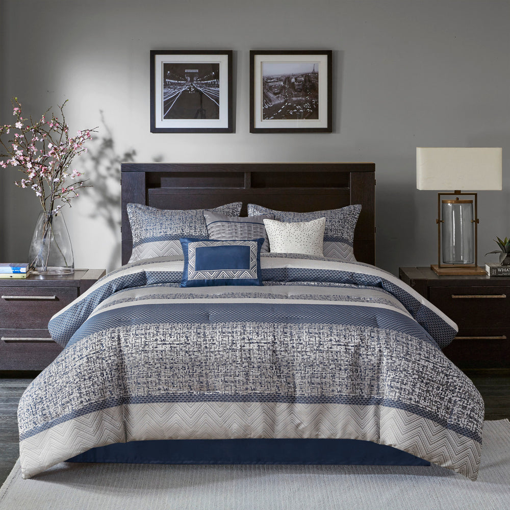 7 Piece Jacquard Comforter Set Navy Queen Media 4