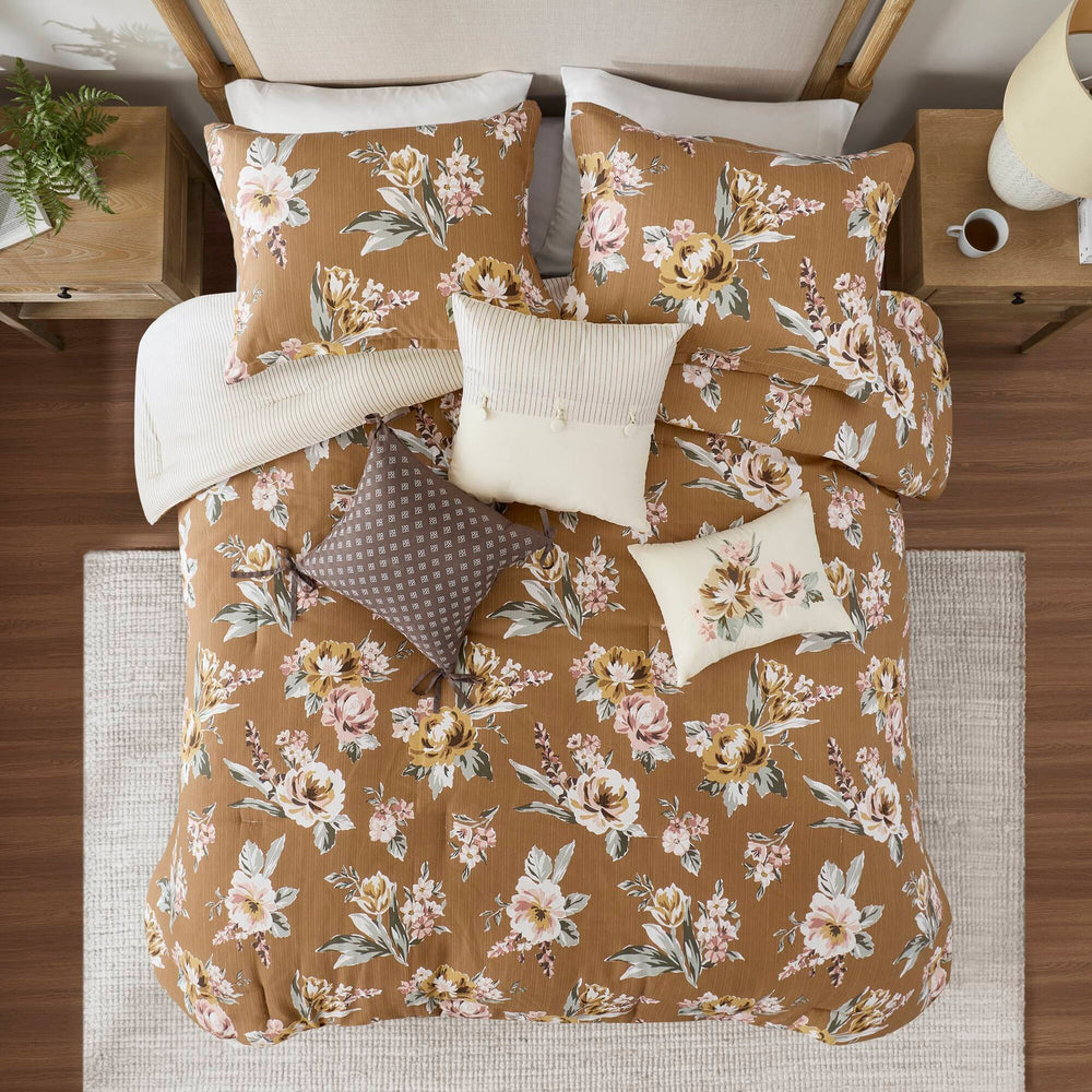 7-Piece Cal King Vin  Floral Comforter Set, Terracotta Media 17