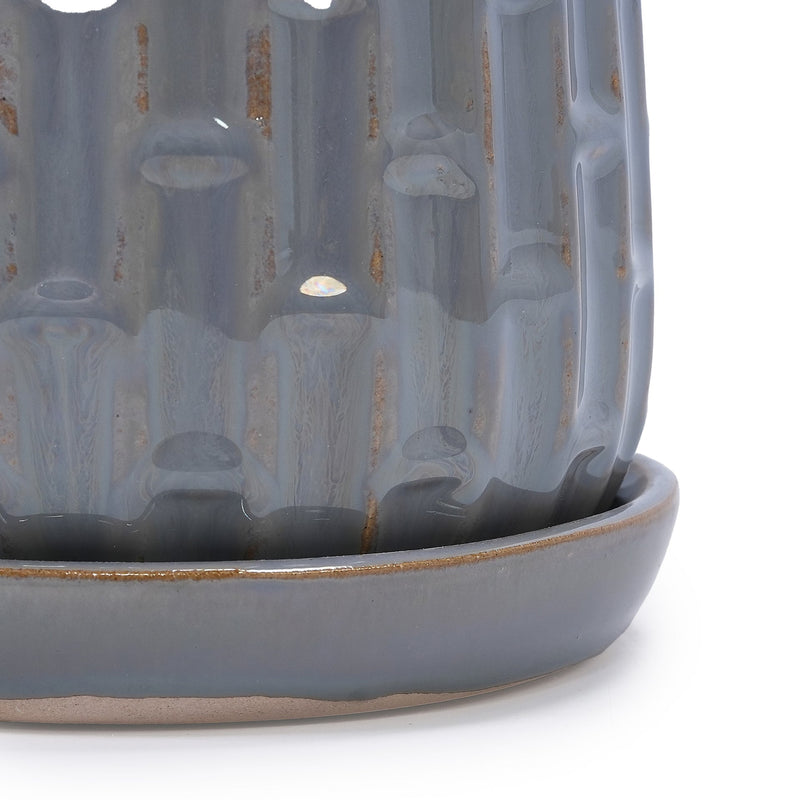 Handmade Gray Glazed Ceramic Planter Set of 2, 6' & 8' Diameter, Vertical Ribbed Pattern, for Succulents & Herbs Indoor/Outdoor Shelf & Table Use, Breathable Clay with Saucers