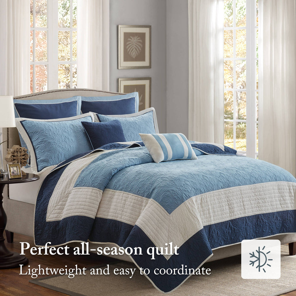 7-Piece Full/Queen 7 Piece Quilt Set with Euro Shams and Throw Pillows,Navy Media 5
