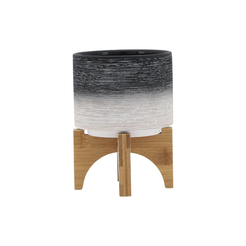 CERAMIC 5' PLANTER ON WOODEN STAND, GRAY