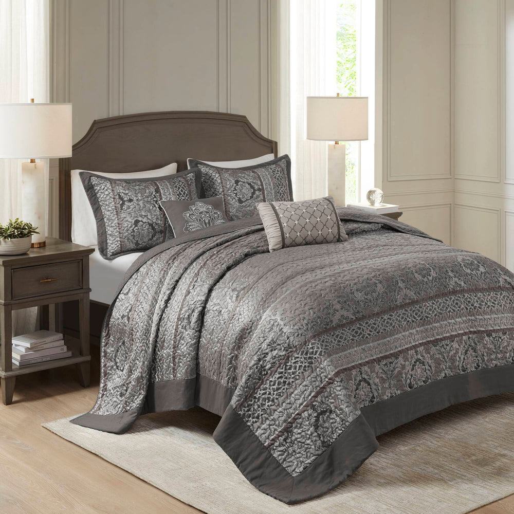 5-Piece King 5 Piece Reversible Jacquard Bedspread Set,Grey Media 10