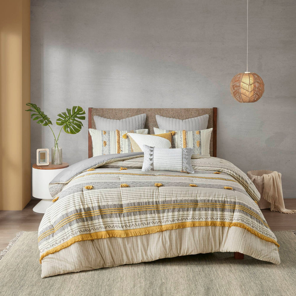 3 Piece Cotton Comforter Set Gray/Yellow Full/Queen Media 1