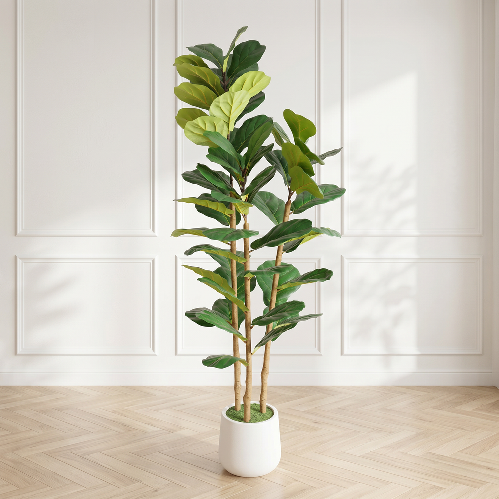 5.2FT Artificial Fiddle Leaf Fig Tree With Decorative White Pot, Real Touch Fake Indoor Plant for Home Office Living Room Corner Decoration, 1pc/set Media 2
