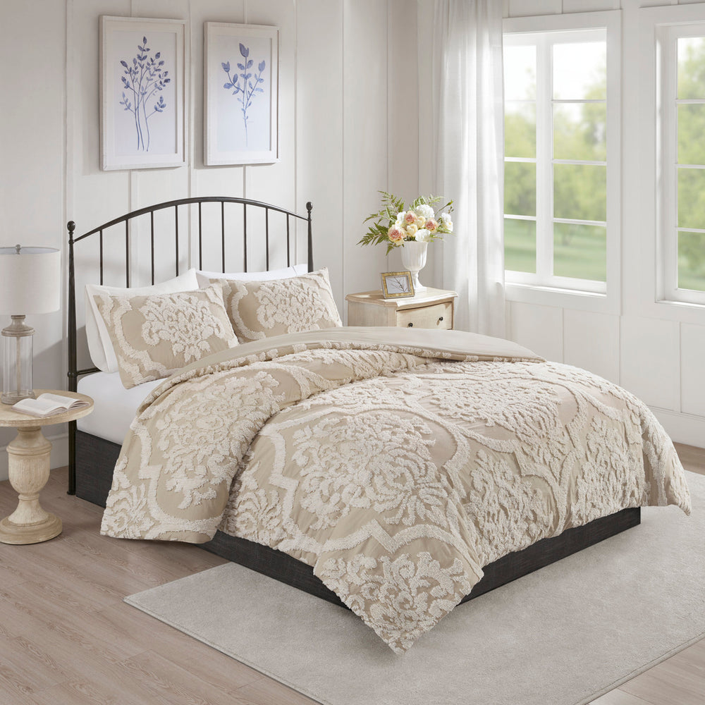 3 piece Tufted Cotton Chenille Damask Comforter Set Taupe Full/Queen Media 1