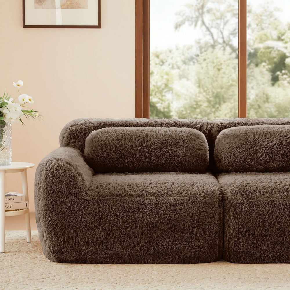 L-Shaped Sofa Plush Fabric With Movable Ottoman & Throw Pillows Chocolate Media 21