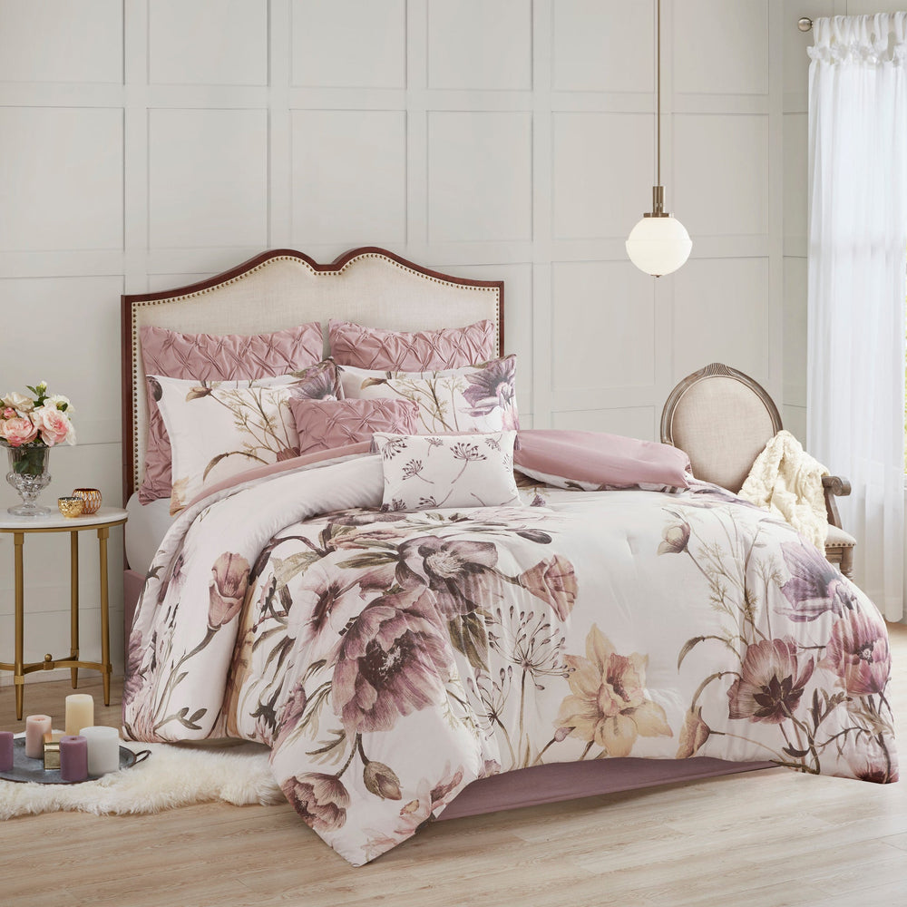 8 Piece Cotton Printed Comforter Set Blush Queen Media 1