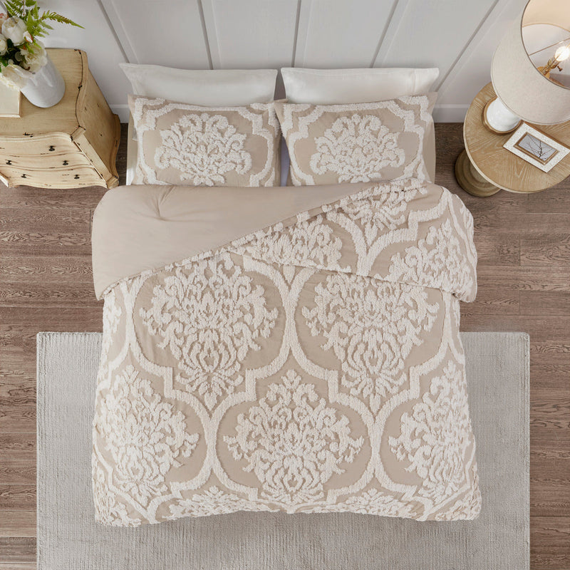 3 piece Tufted Cotton Chenille Damask Comforter Set Taupe Full/Queen