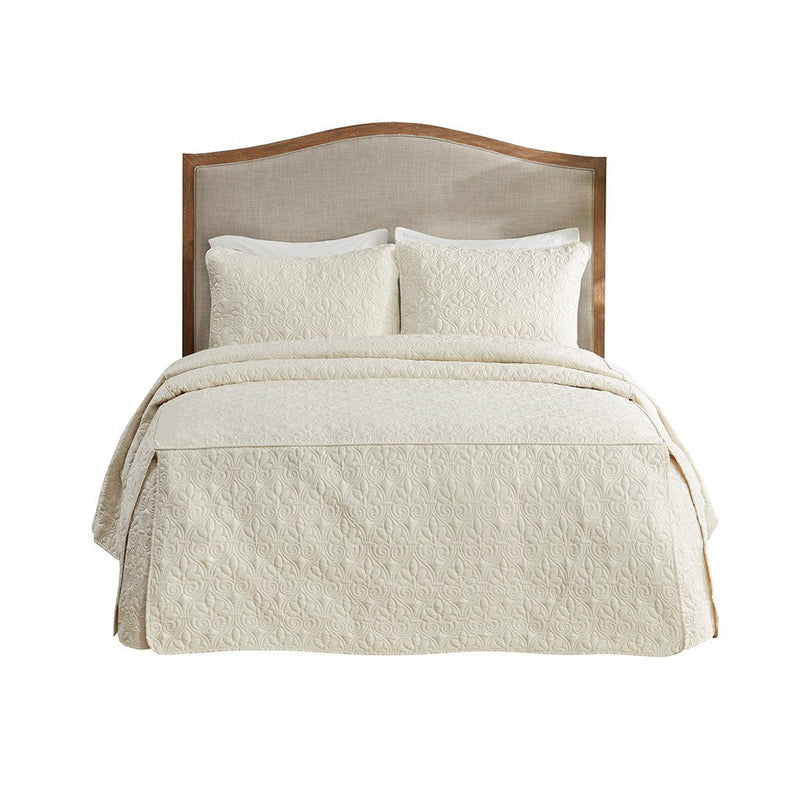 3 Piece Split Corner Pleated Quilted Bedspread Cream Queen